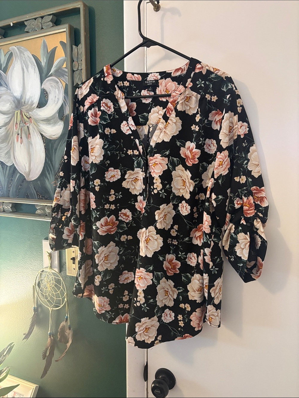 Women's Black Floral V-Neck Blouse with Pink and Cream Blooms